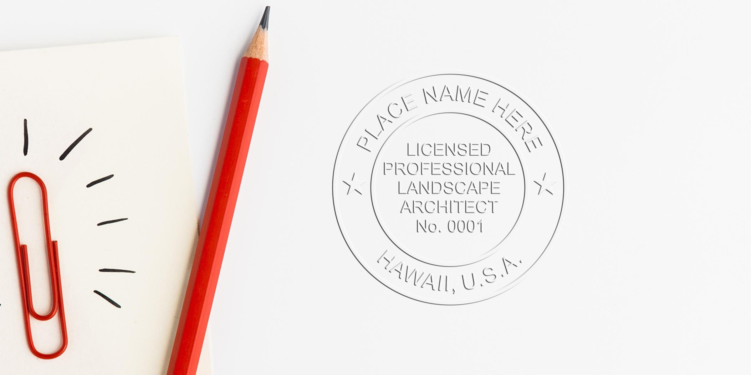 Red pencil and paperclip on white paper with Hawaii landscape architect seal and licensed professional stamp, symbolizing landscape architect licensing in Hawaii.