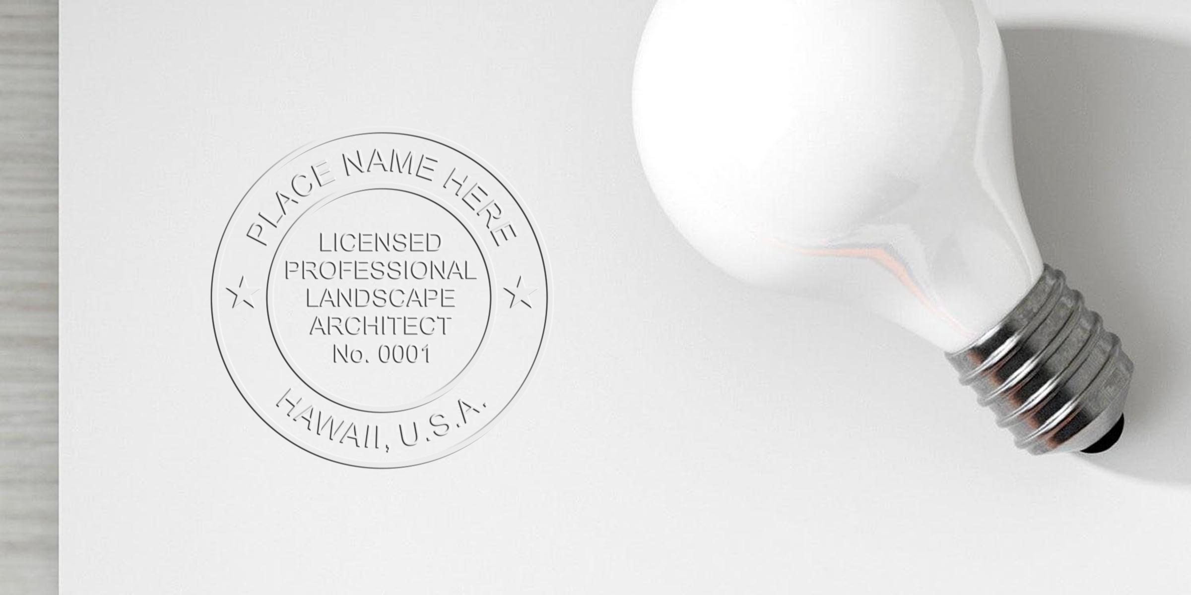 Embossed seal of licensed Hawaii landscape architect on white paper with light bulb, showing Hawaii licensing and stamp certification requirements.