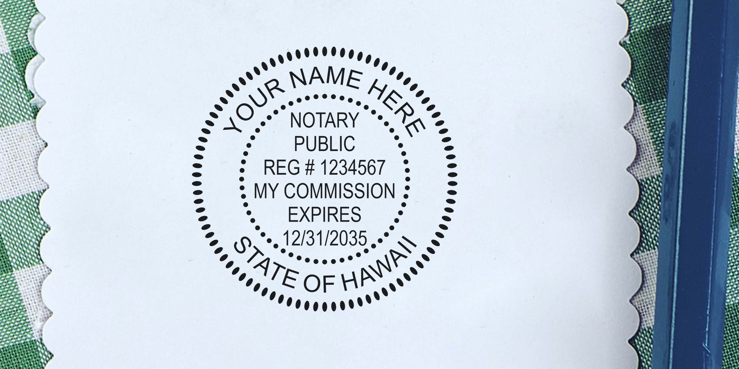Hawaii notary stamp on white paper with commission expiration date, available for purchase online.
