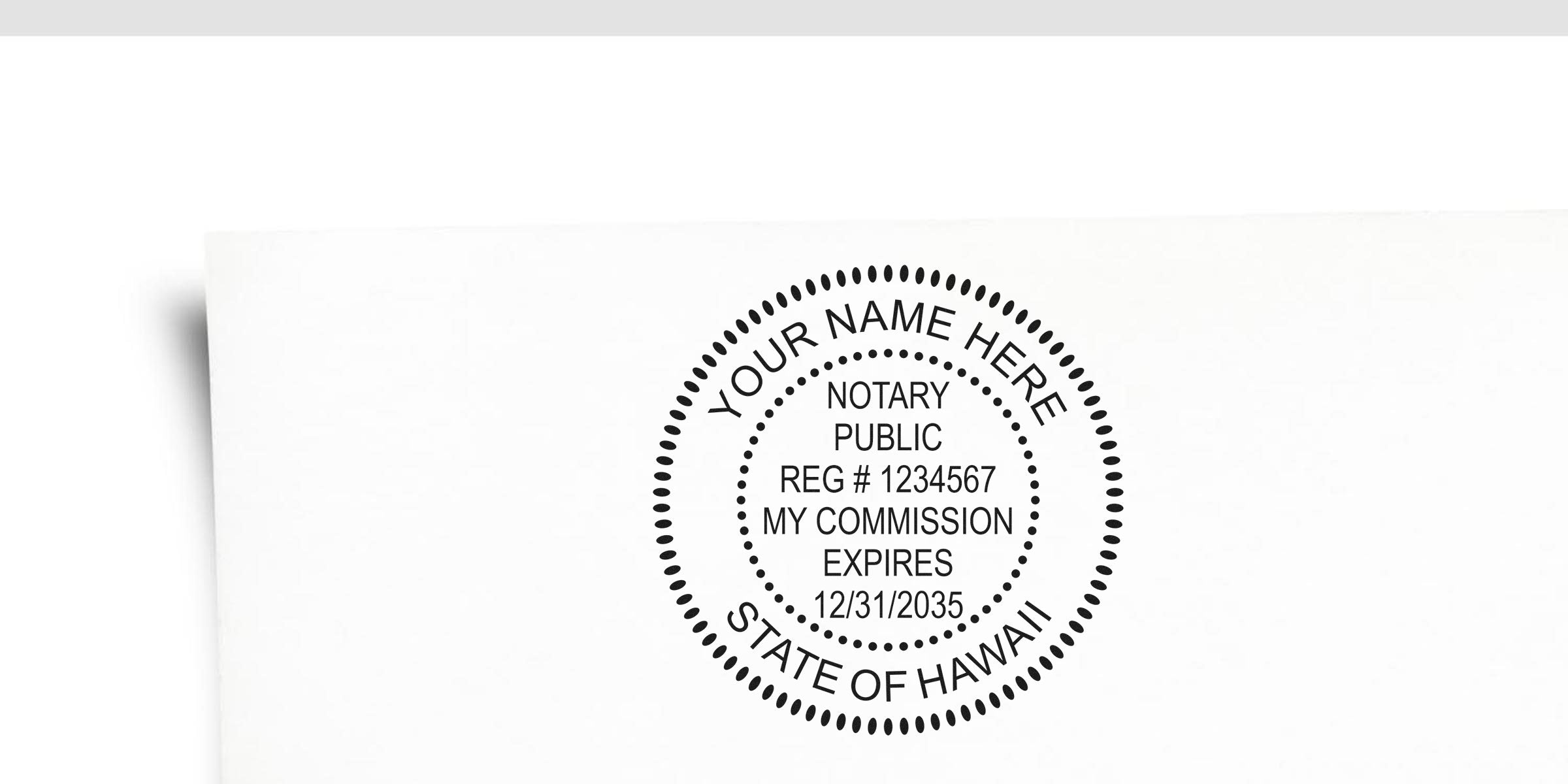 Quality Notary Stamps with custom Hawaii design, including commission expiration date and registration number.