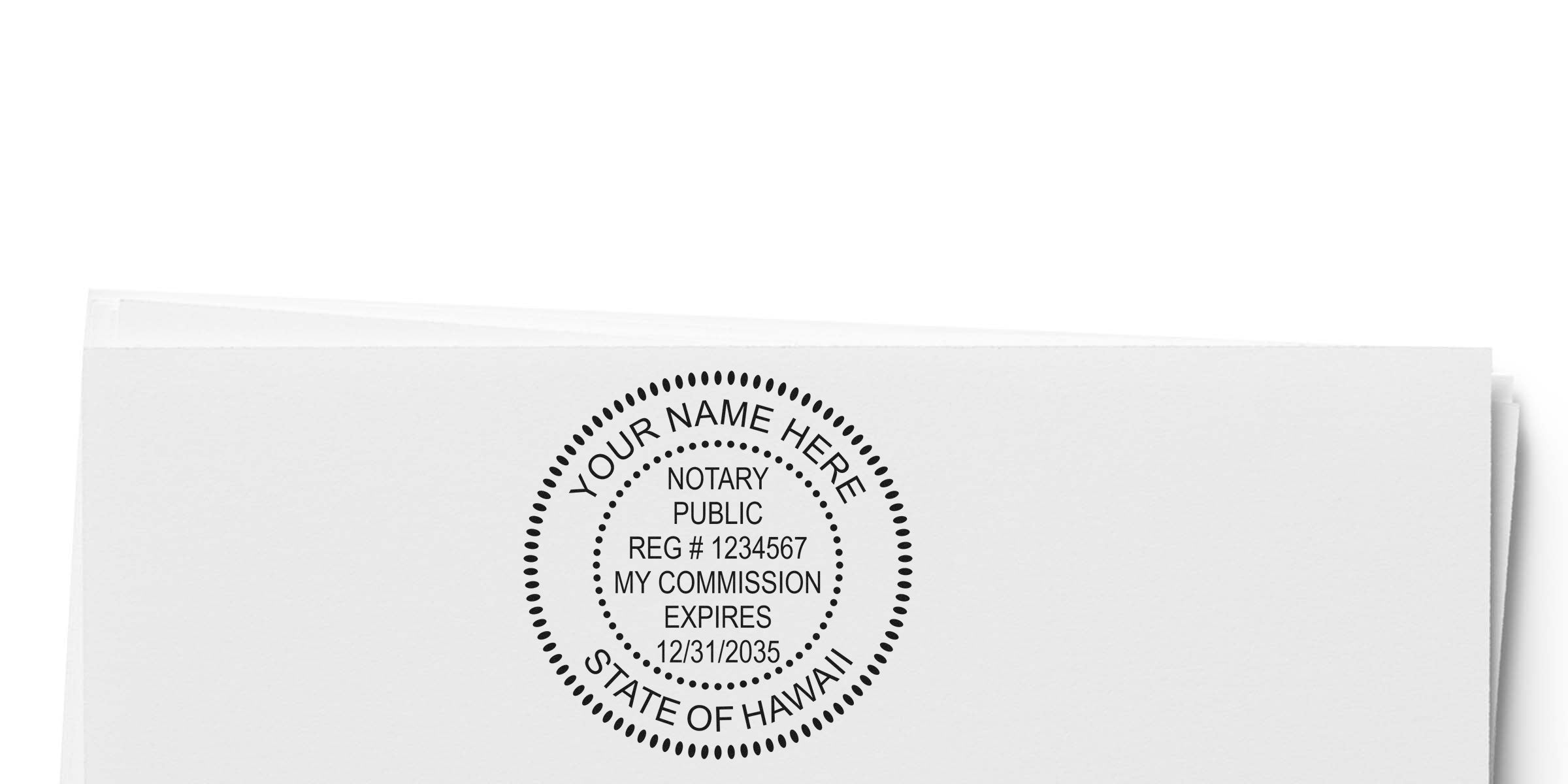 HI Notary Seal custom stamp from Hawaii with commission expiration date on white paper, featured in the Best Notary Seal Guide.