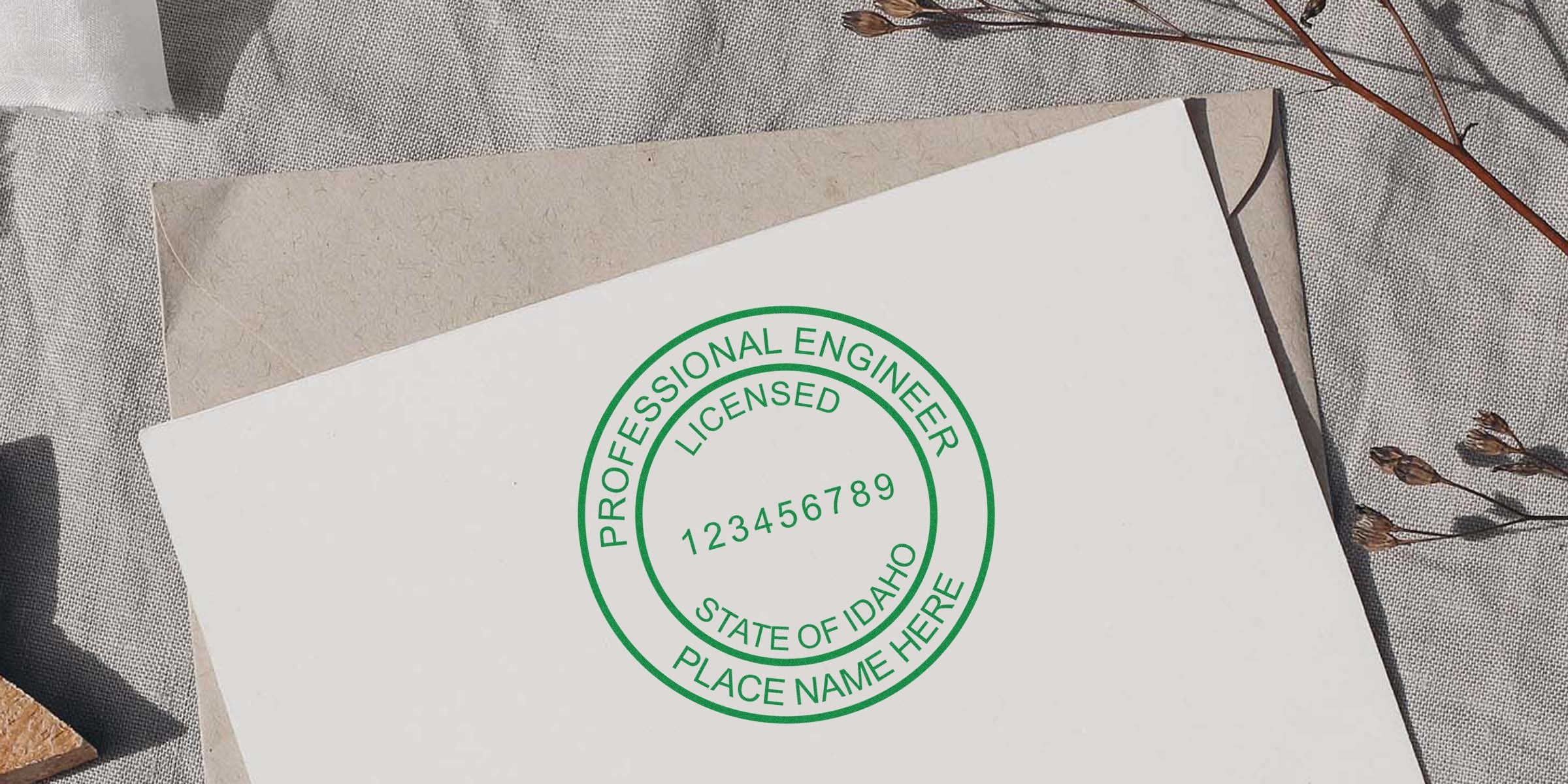 Licensed professional engineer seal in green ink on white paper, compliant with Idaho PE stamp requirements for engineering licenses.