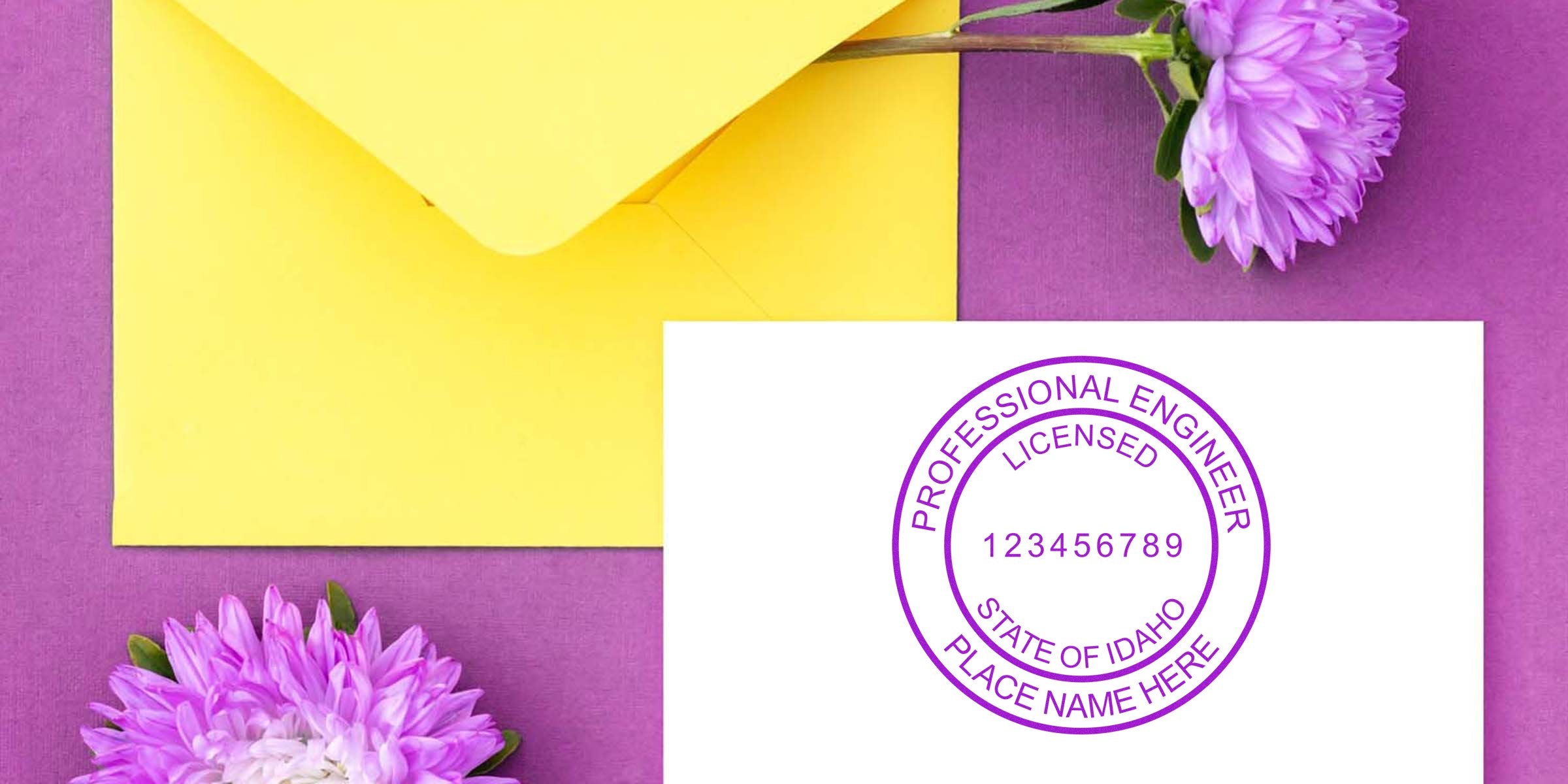 Idaho professional engineer licensed stamp on white paper with yellow envelope and purple flowers, showing Idaho engineer seal embossers and custom seals.