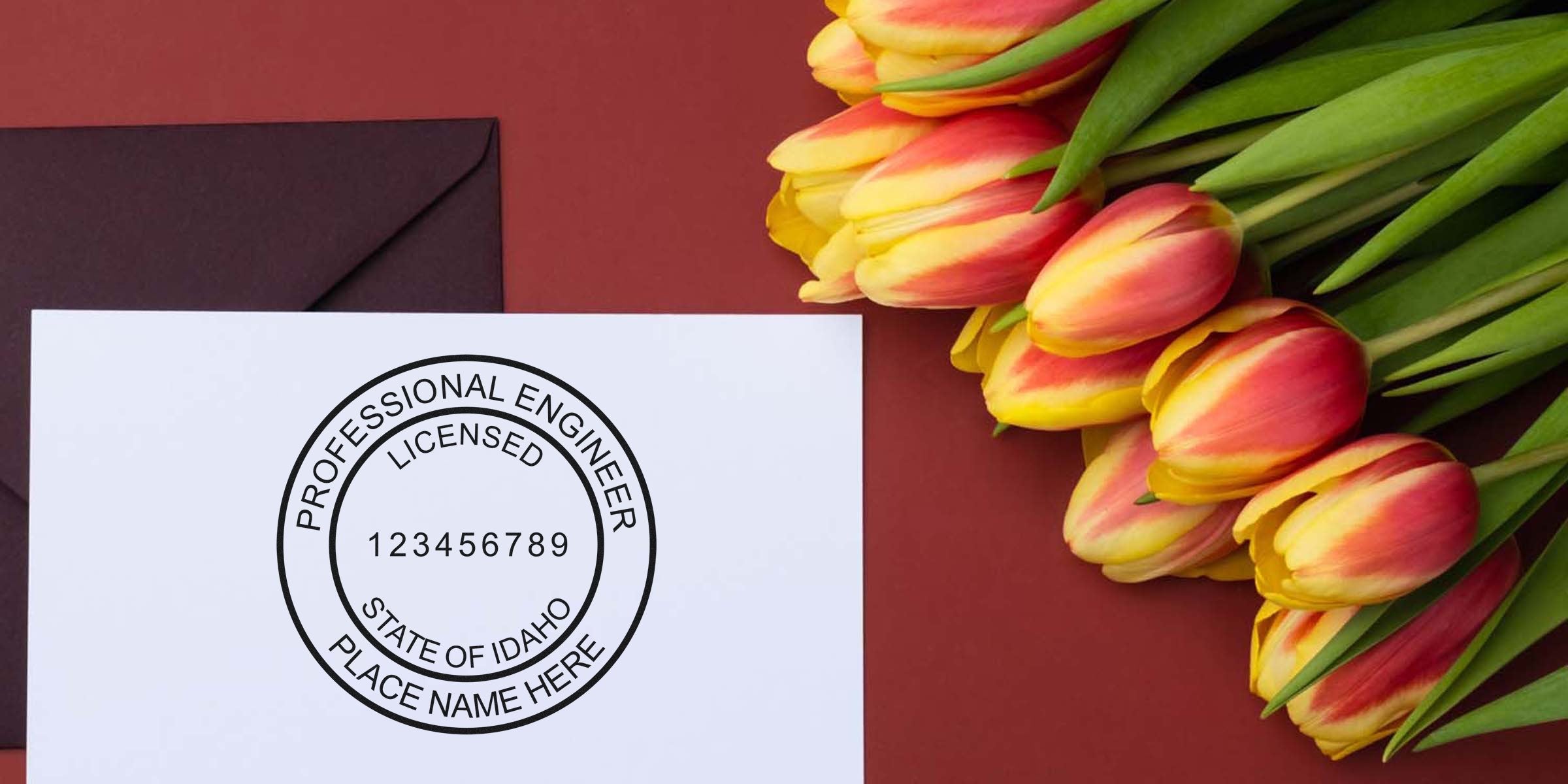 Idaho engineer stamp maker’s professional seal with license number on white paper, beside yellow and red tulips on a red background, highlighting quality engineer stamps.