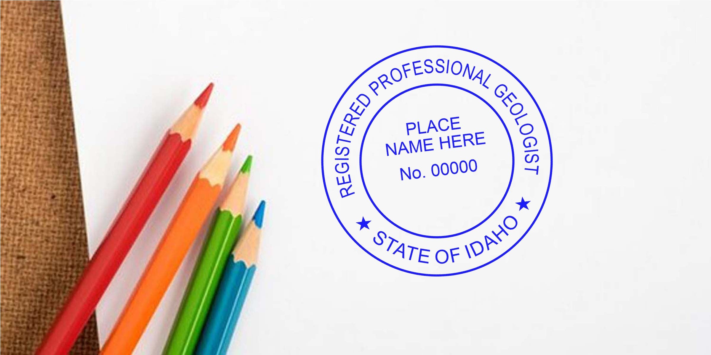 Idaho Professional Geologist Seal stamped on white paper, drawn with colored pencils, symbolizing Geologist Licensing in Idaho.