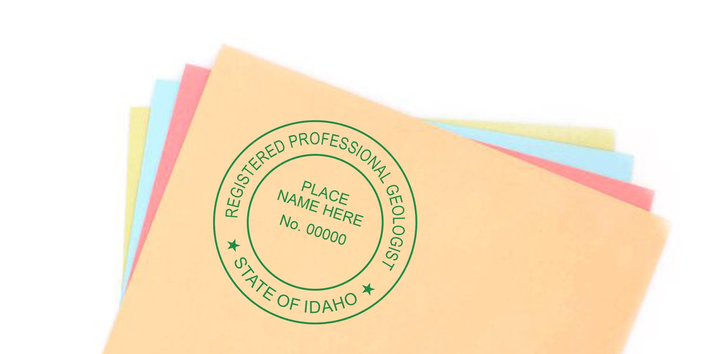 Official Idaho Geologist Stamp on vibrant geological report folders, showcasing the Registered Professional Geologist certification.