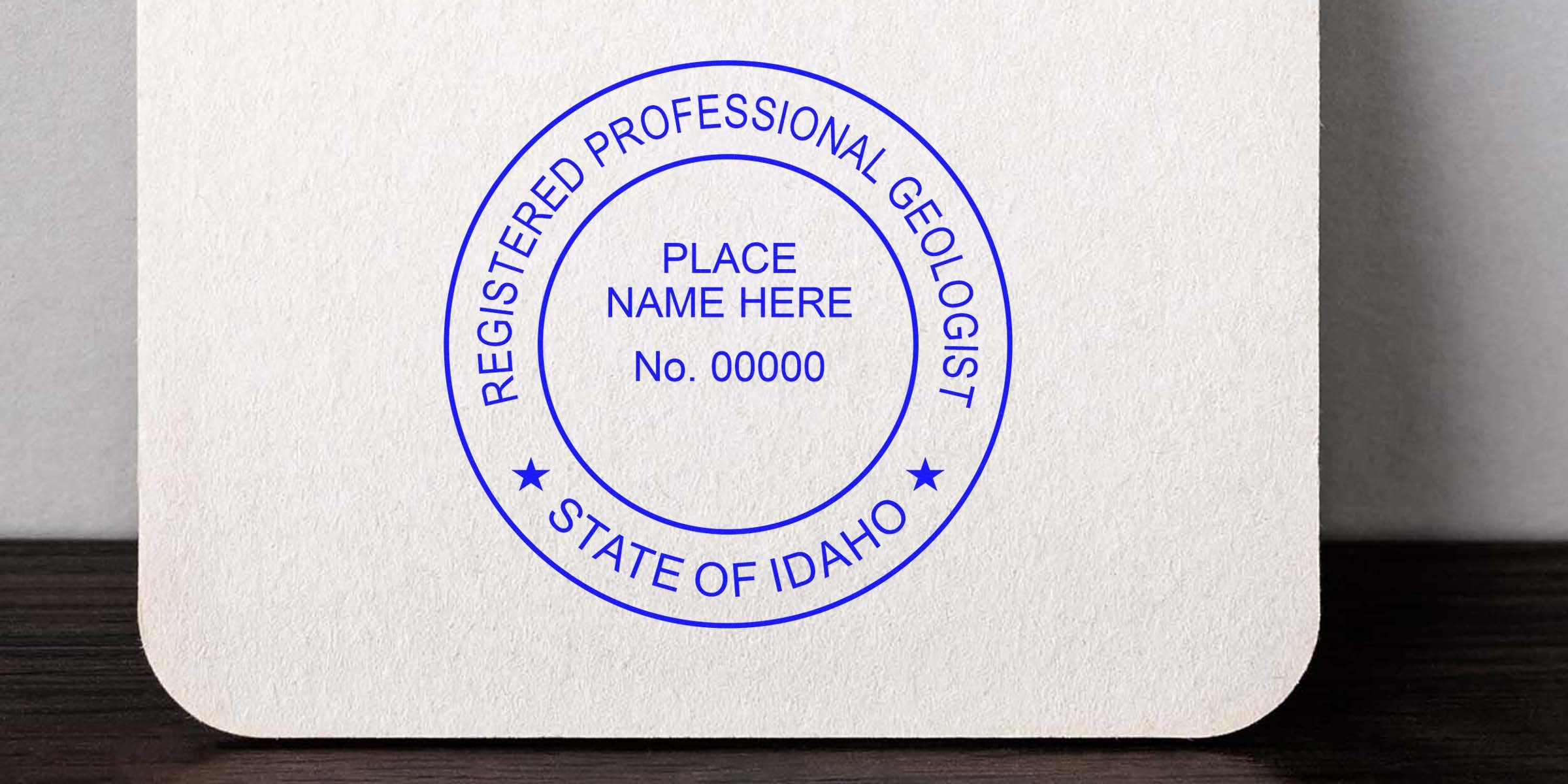 Idaho geologist seal with a registered professional geologist stamp, customizable with name and number, featuring a unique design for Idaho certification.