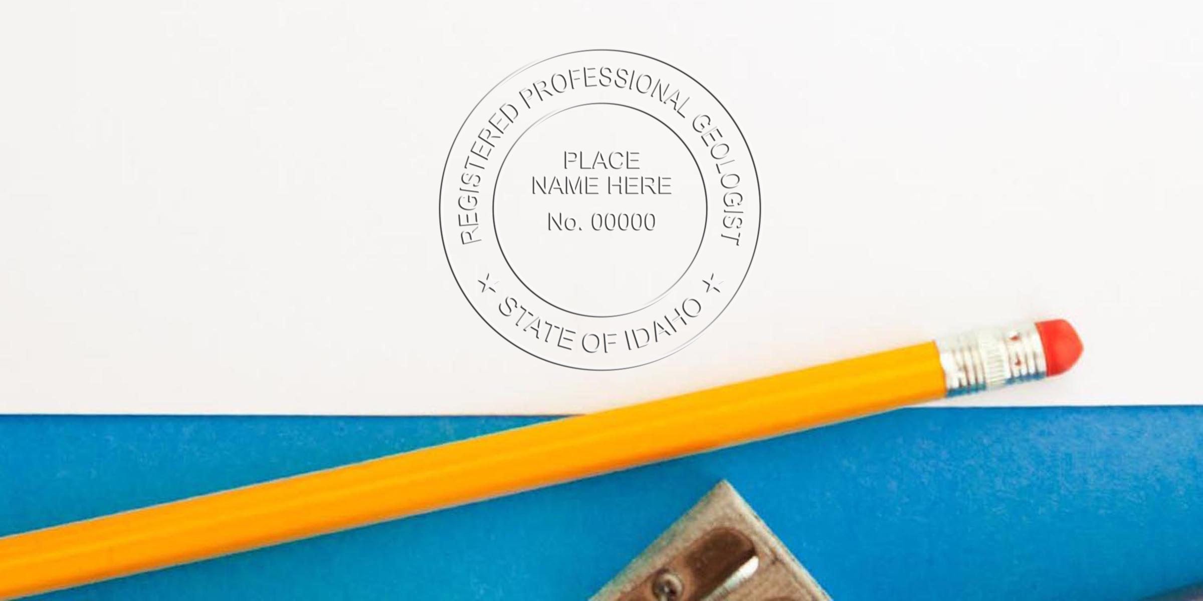 Idaho geologist stamp with registered professional seal, pencil, and sharpener on blue-white background, symbolizing online geologist certification.