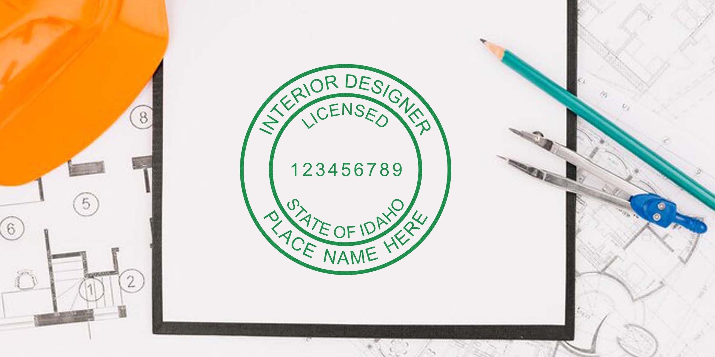 Idaho interior designer stamp on blueprint with helmet and tools, symbolizing the interior designer certification and application process in Idaho.