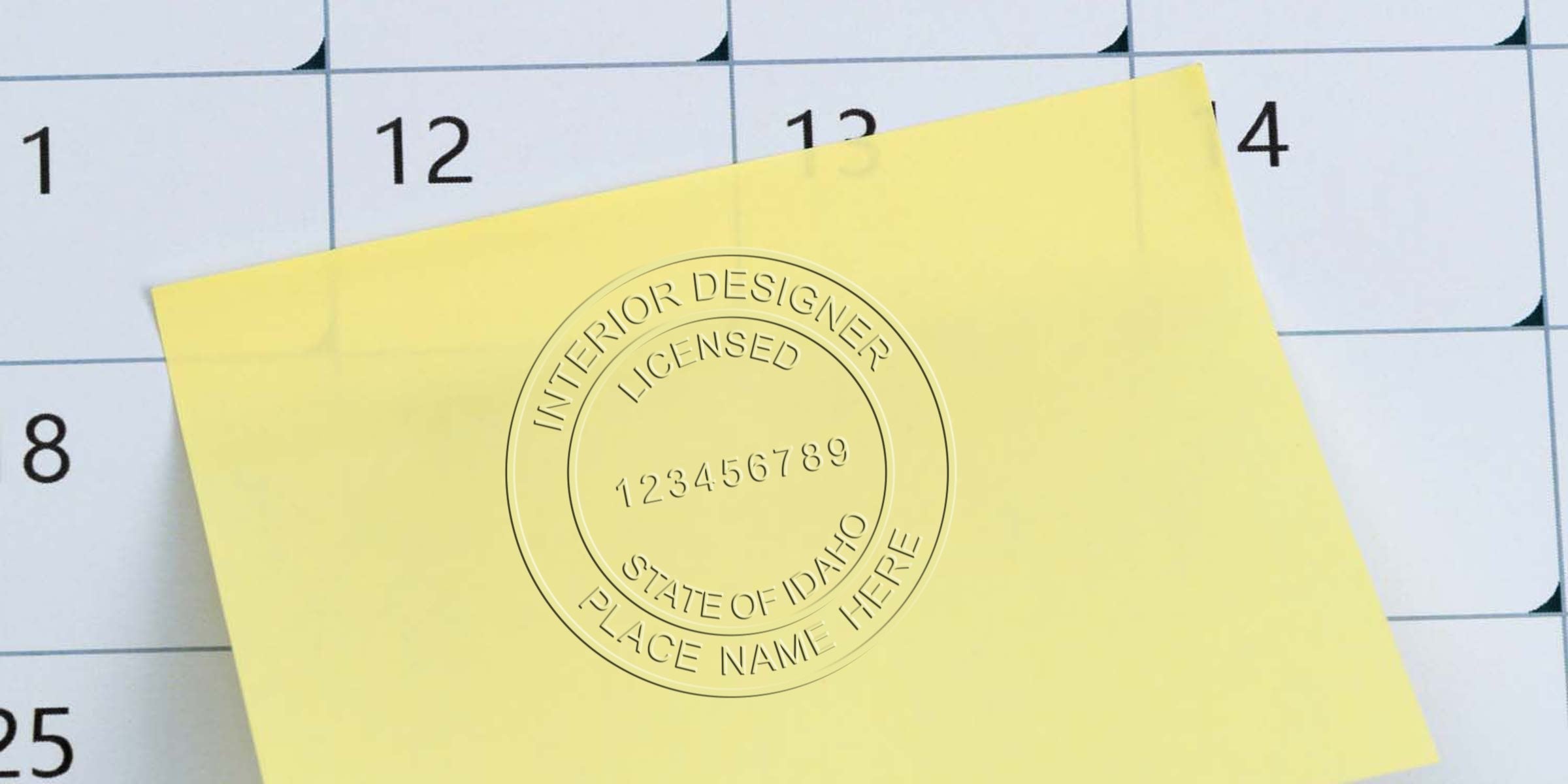 Yellow sticky note with licensed interior designer seal on calendar, highlighting Idaho design standards and seal size specs for appointment planning.