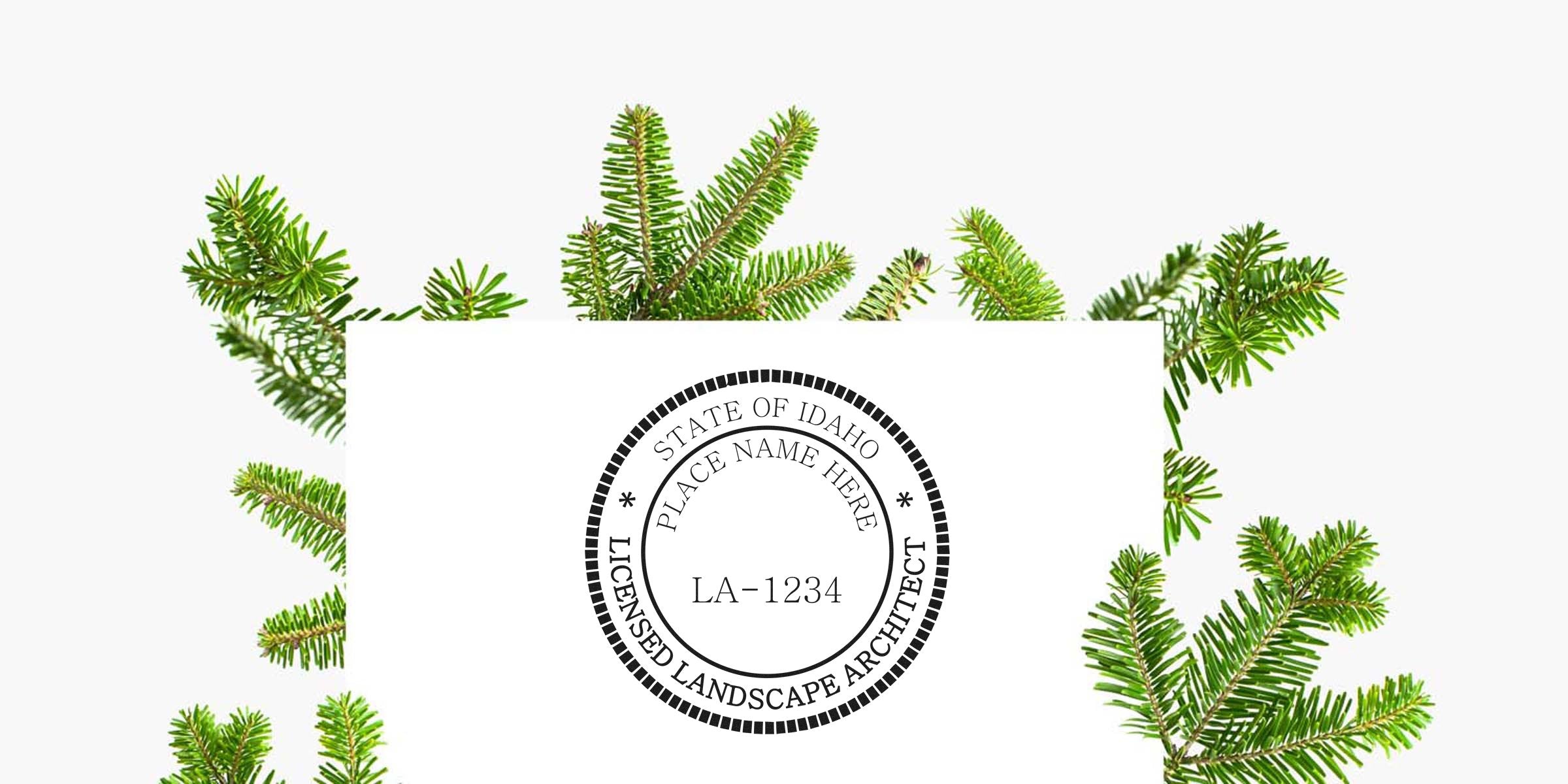 Idaho landscape architect stamp with licensed seal, green pine branches background, highlighting Idaho landscape architect regulations.