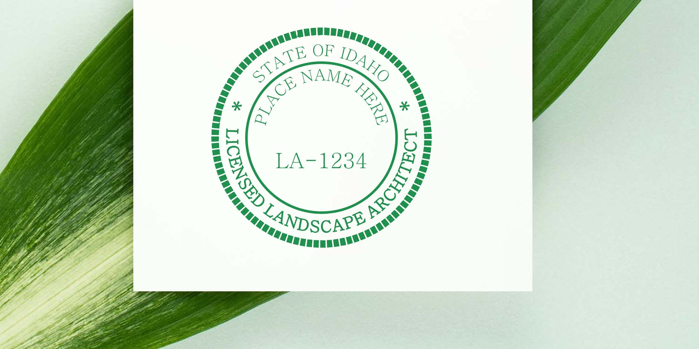 Idaho landscape architect stamp with licensed architect seal and green leaf background, designed as a template for landscape architect stamps.