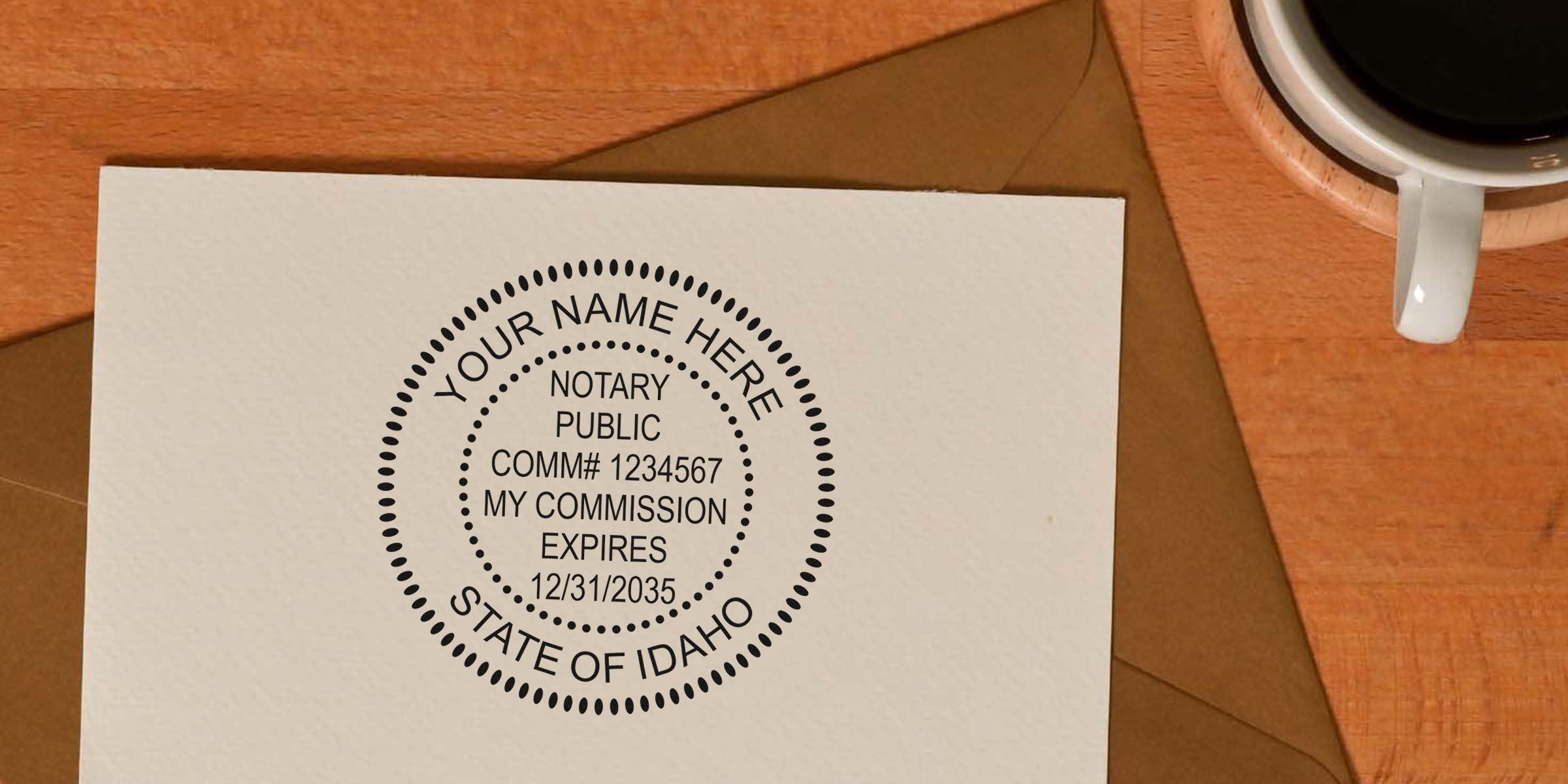 Idaho notary seal stamped on paper with coffee cup and envelope on wooden table, displaying seal expiration details.