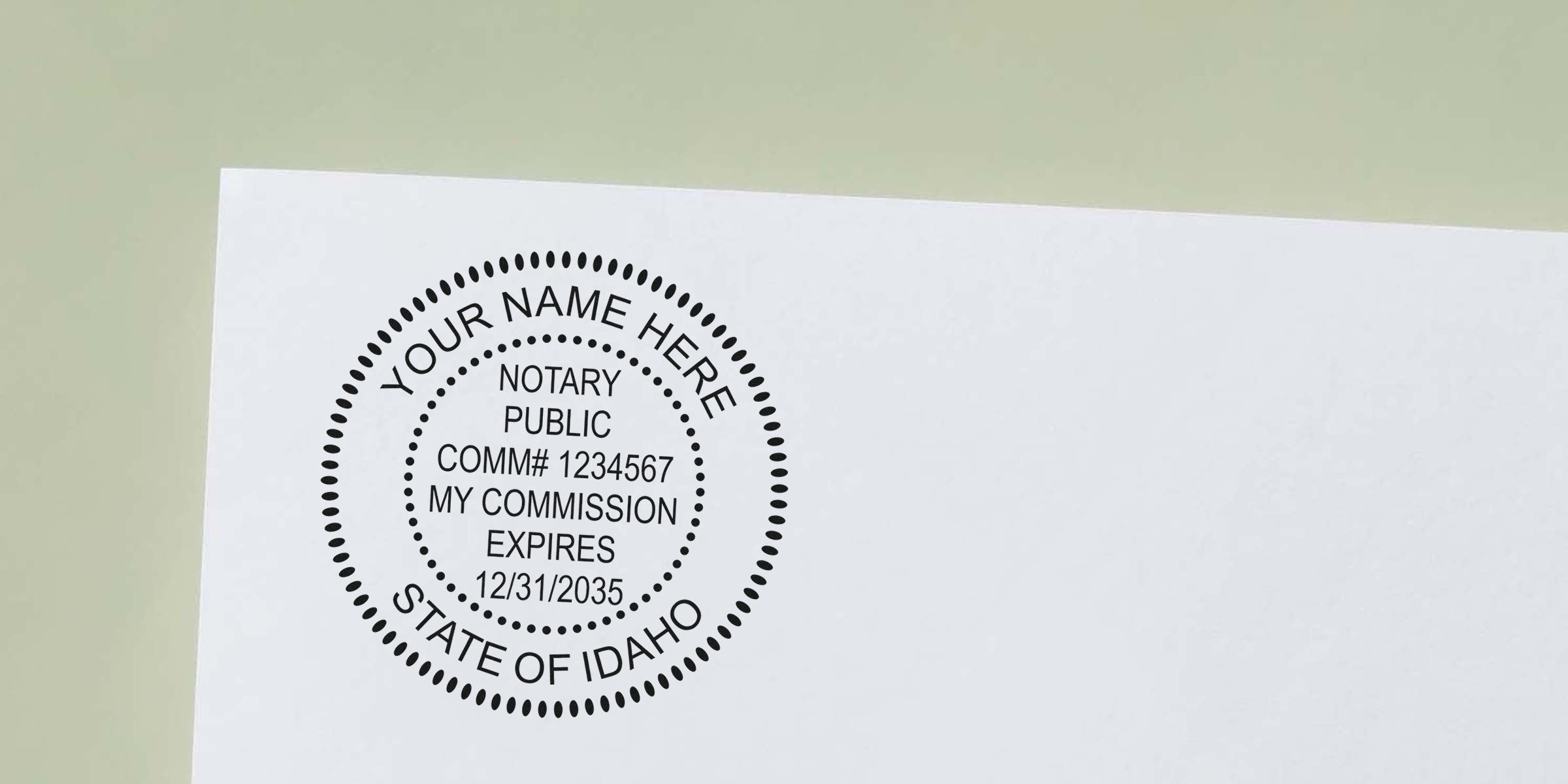 Idaho notary stamp with commission expiration date on white paper, perfect for anyone needing to buy an Idaho notary stamp.