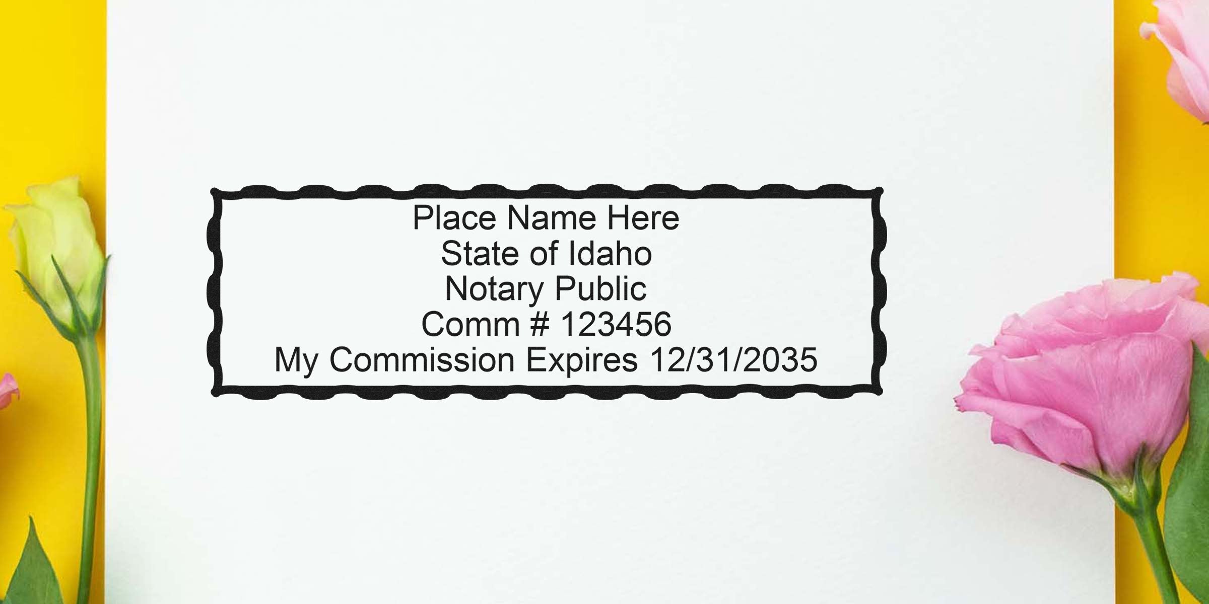 Idaho notary seal on white paper with flowers, displaying commission number and expiration date; purchase Idaho notary stamp.