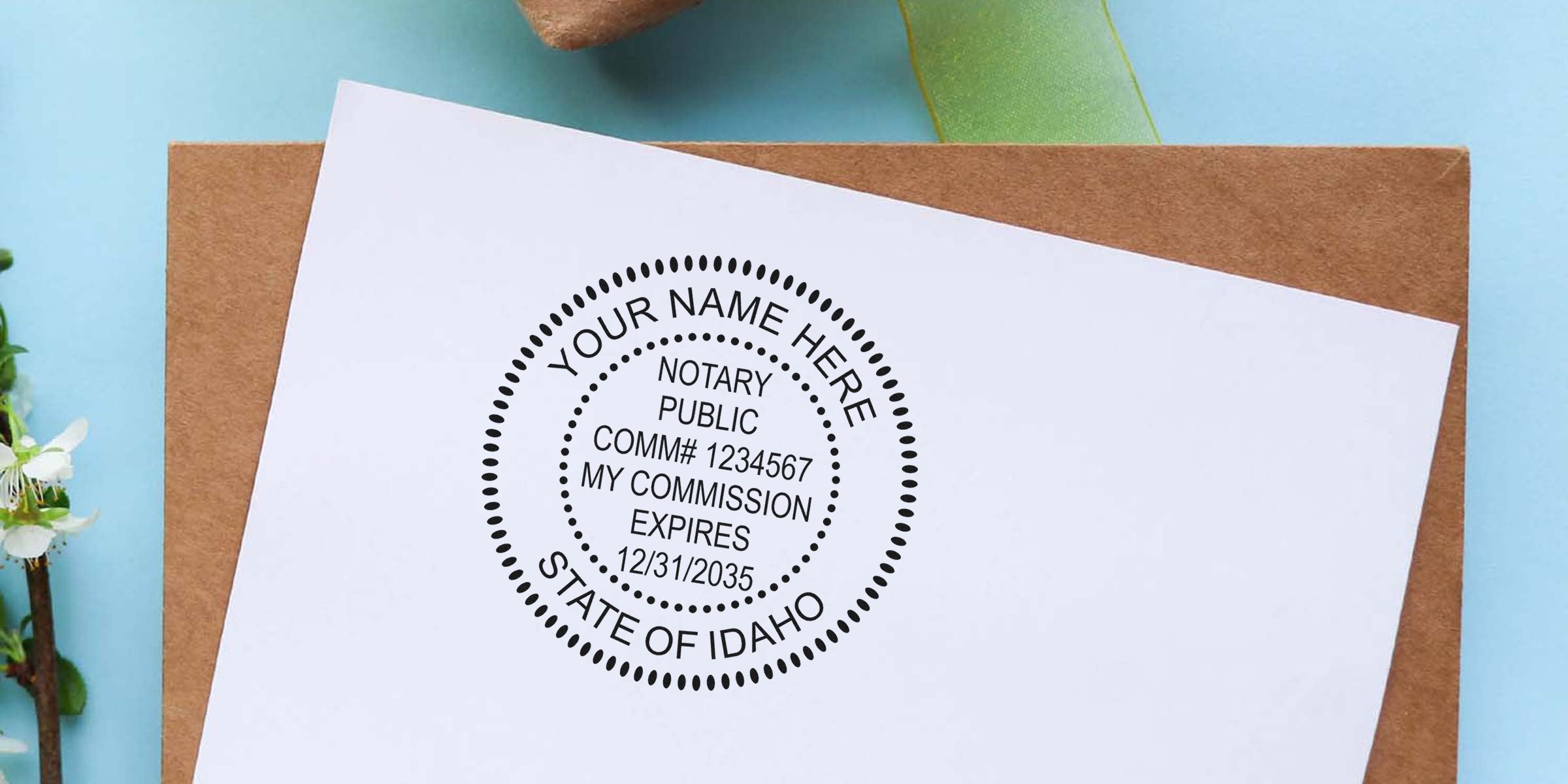 Custom Idaho notary stamp on white paper with name placeholder and commission expiration date, part of premium Idaho notary supplies.