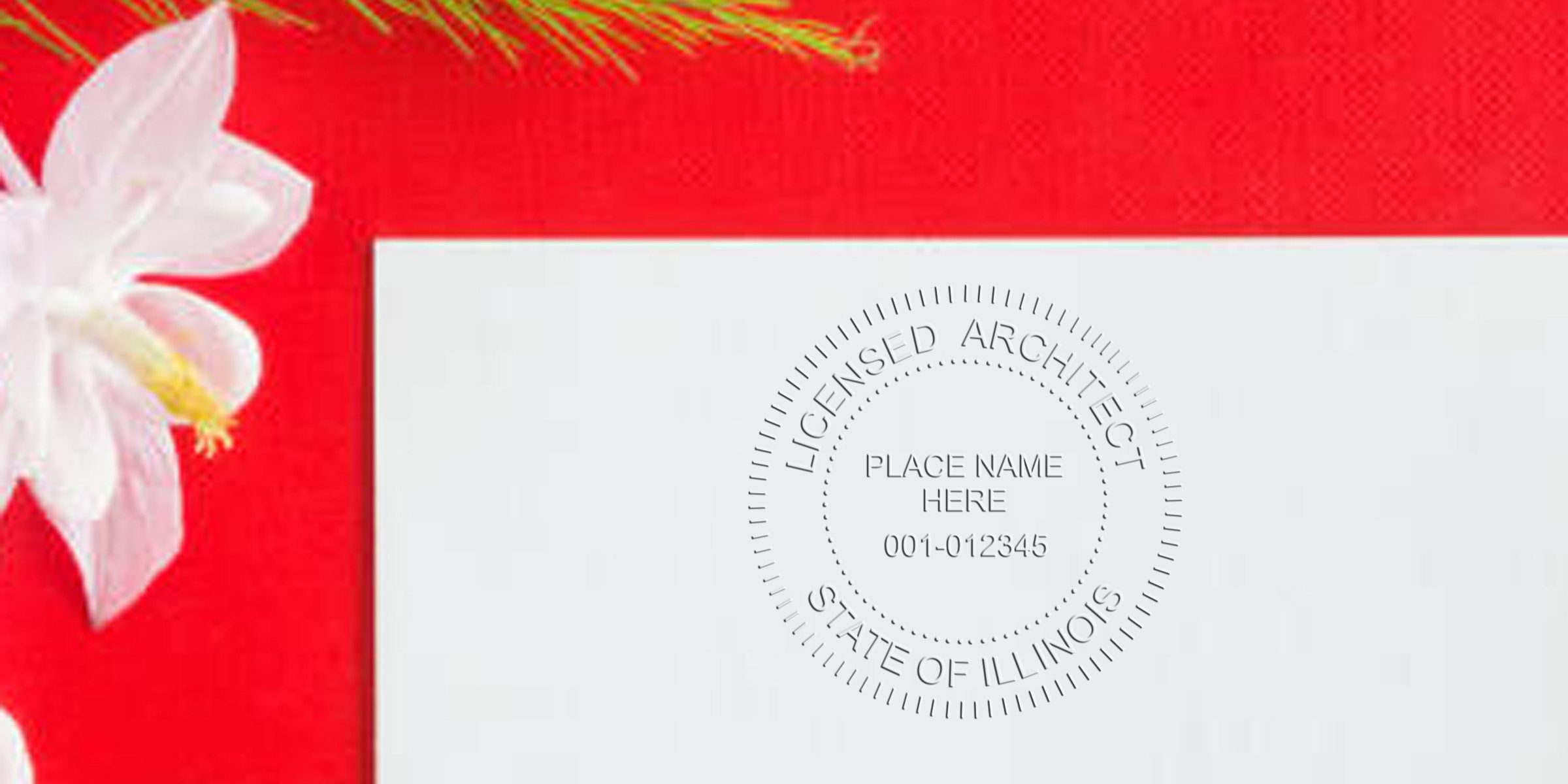 Licensed architect stamp on white paper with festive red background and white flower, highlighting Illinois architect stamp cost and pricing for certification.