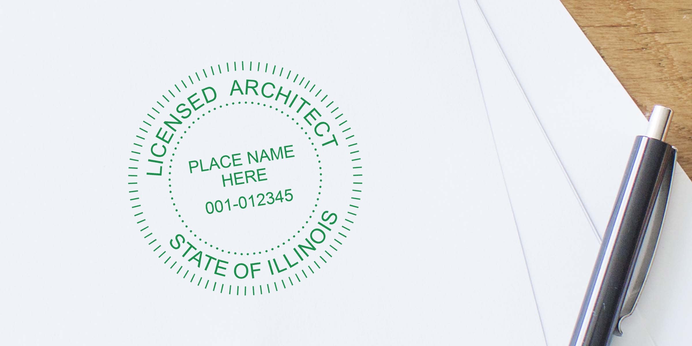 Licensed architect stamp on white paper with pen, showing Illinois architect seal and license renewal details.