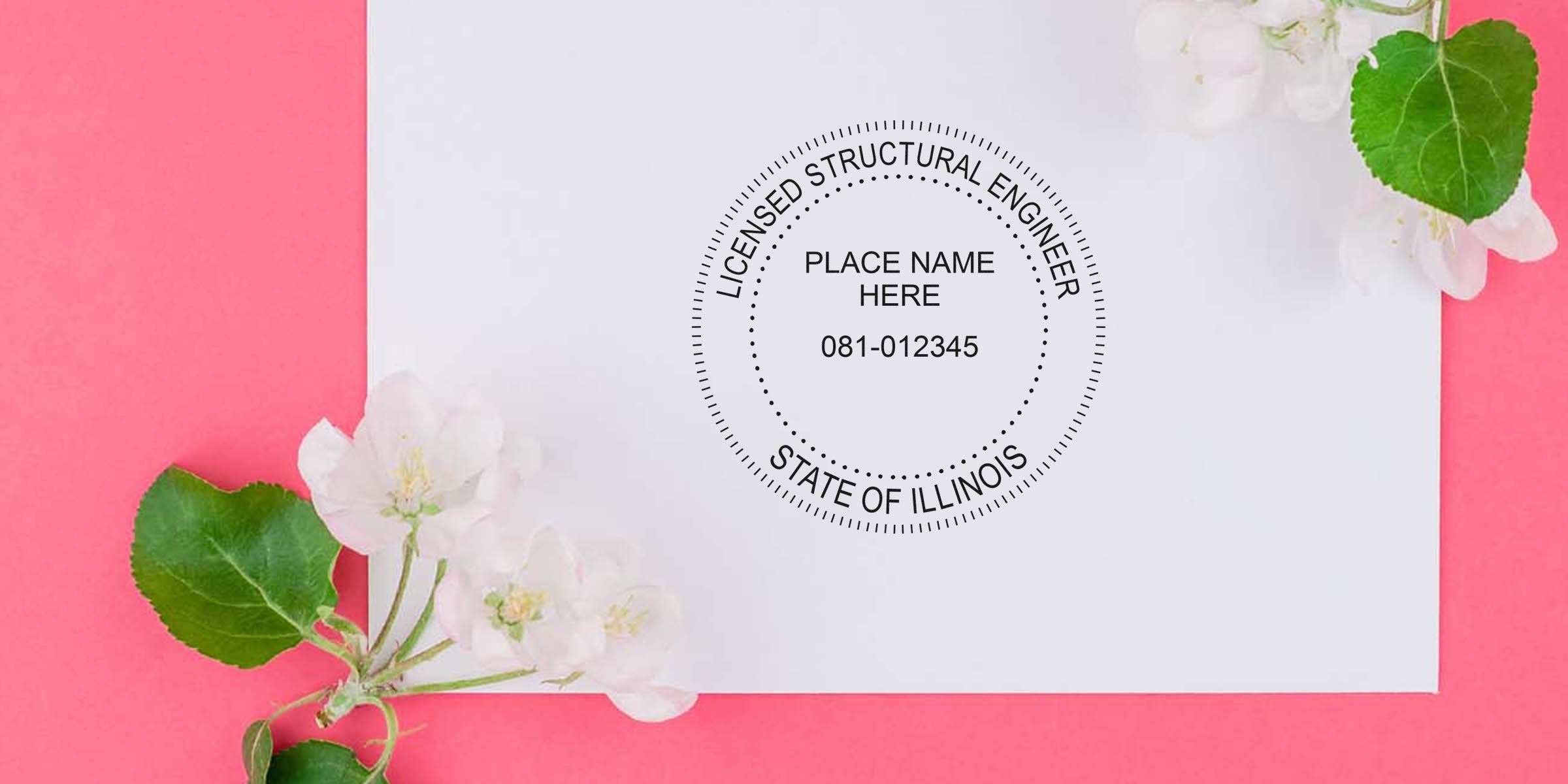 Illinois Professional Engineer Stamps with a licensed structural engineer seal embossed on white paper, framed by flowers on a pink background, highlighting the PE Embossers Illinois design.