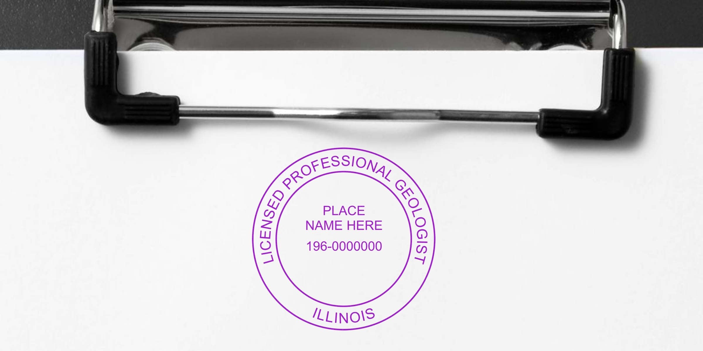 Illinois licensed professional geologist stamp on white clipboard paper, buy geologist stamp online.