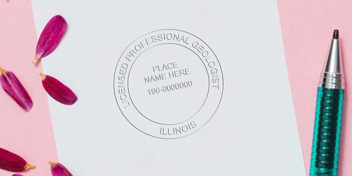 Illinois Licensed Geologist stamp on white paper with pen and flower petals on pink background, showing Geologist Seal Requirements.