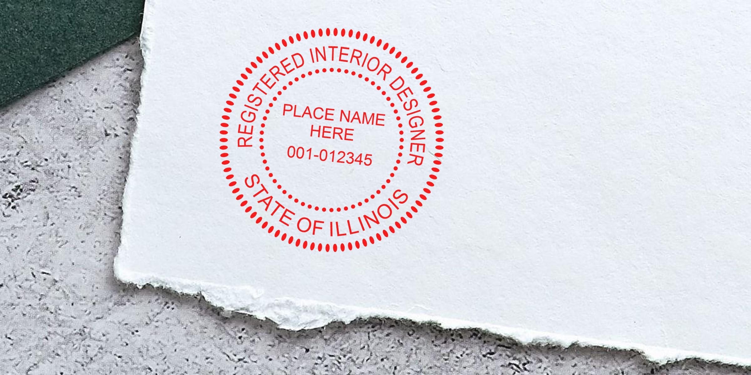 Illinois certified interior designer stamp on textured paper, highlighting Illinois interior design stamp fees and costs.