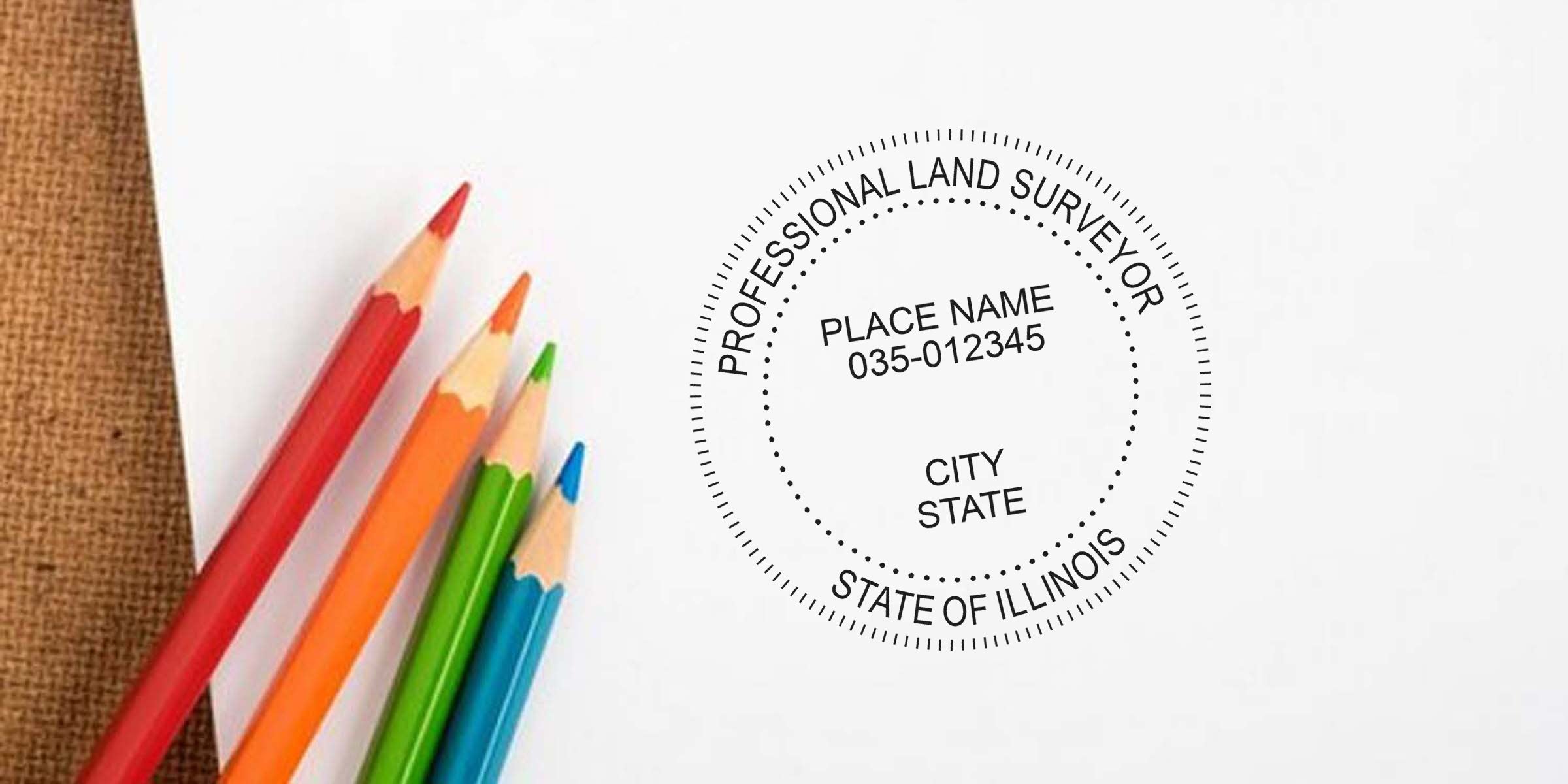 Illinois land surveyor stamp for state certification, drawn with colored pencils on white paper, adhering to land surveyor stamp guidelines.