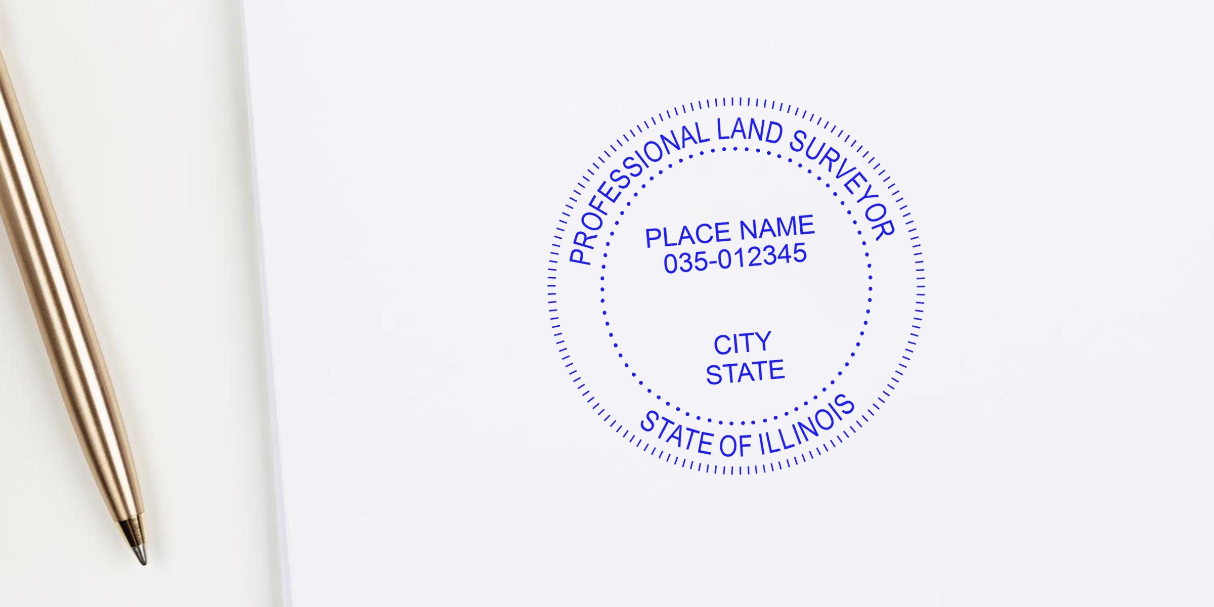 Illinois land surveyor stamp with pen on white paper, highlighting land surveying services, costs, and stamp prices.