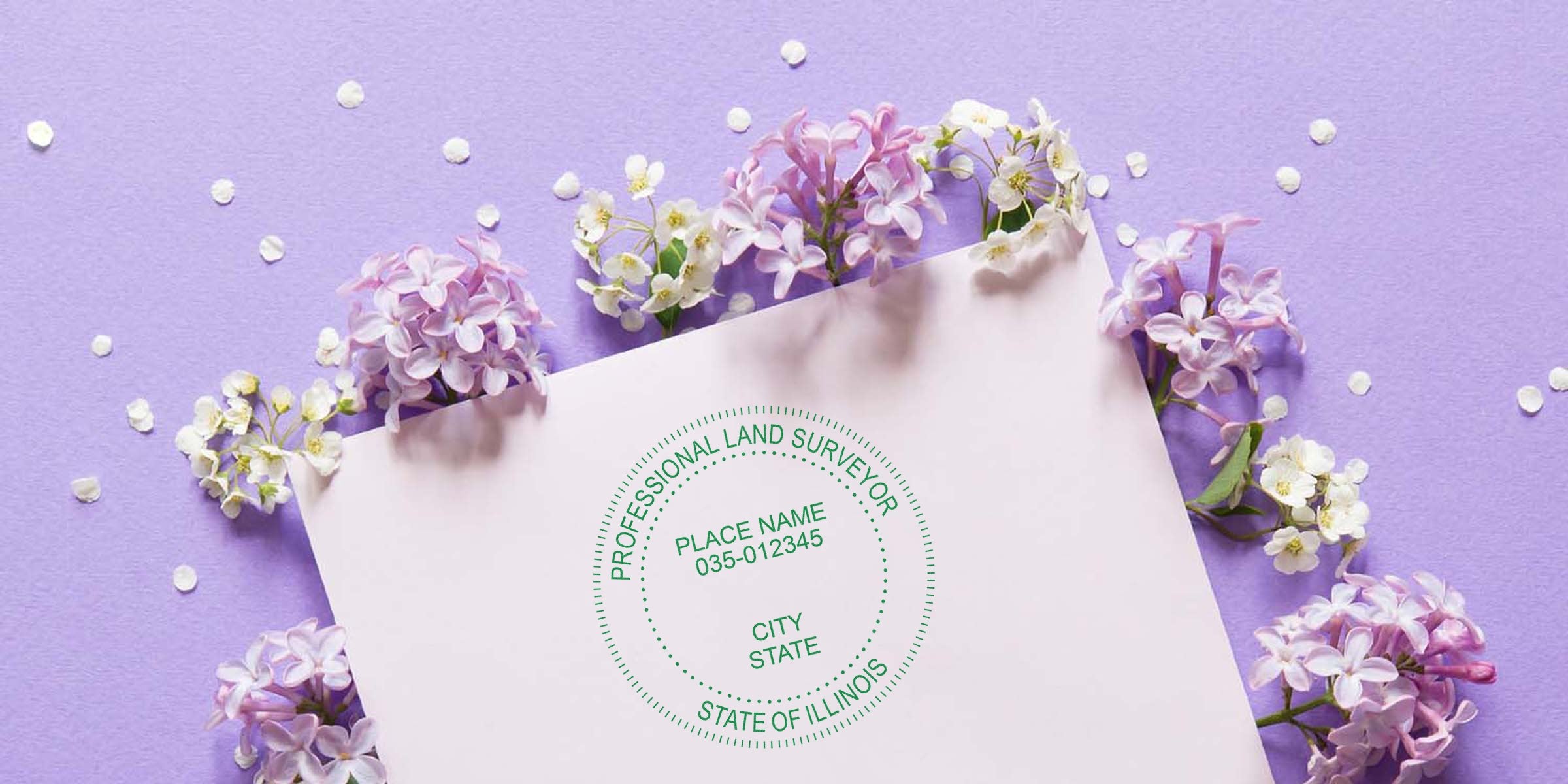 Illinois land surveyor seal stamp on white paper, surrounded by lilac and white flowers on a purple background, featuring a land surveyor seal template design.