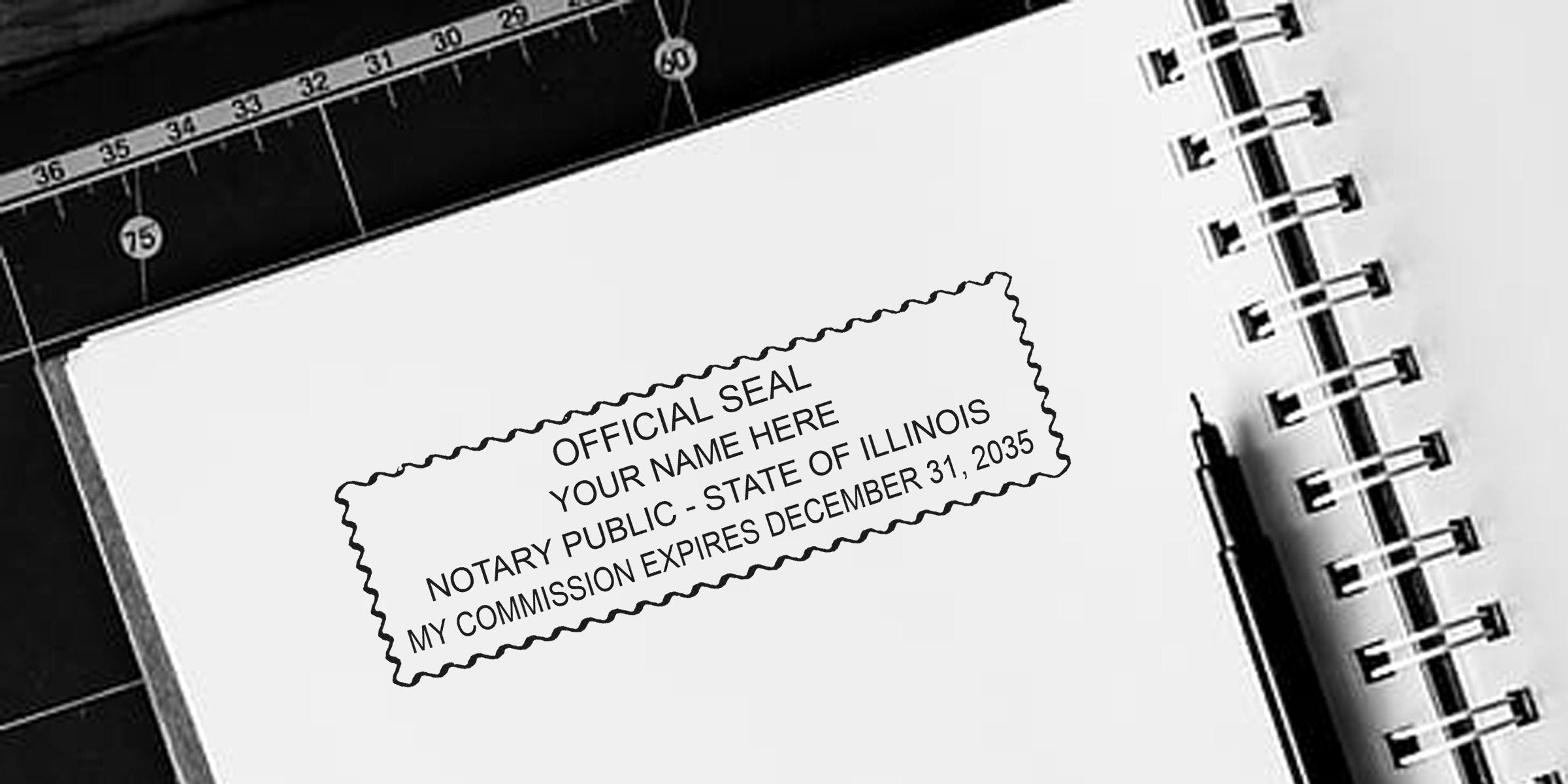 Illinois notary stamp and seal on white paper with pen and ruler, showing official Illinois notary commission expiration date, used for legal document authentication.