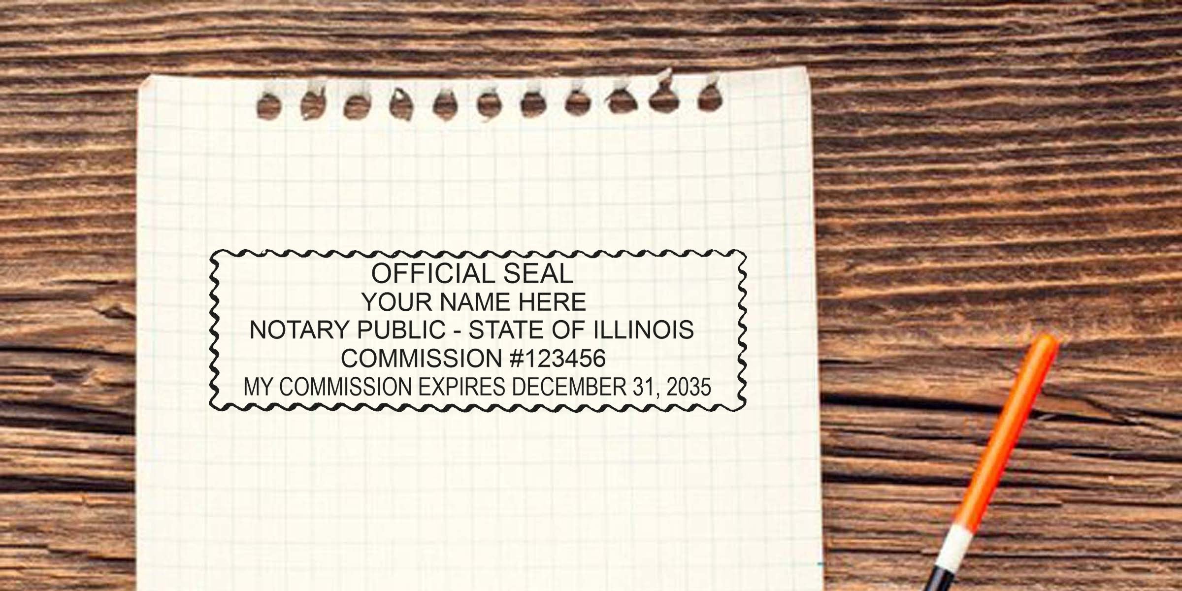 Illinois Notary Seal template on grid paper with commission details, orange pen on wooden table. Buy Illinois Notary Seal now.