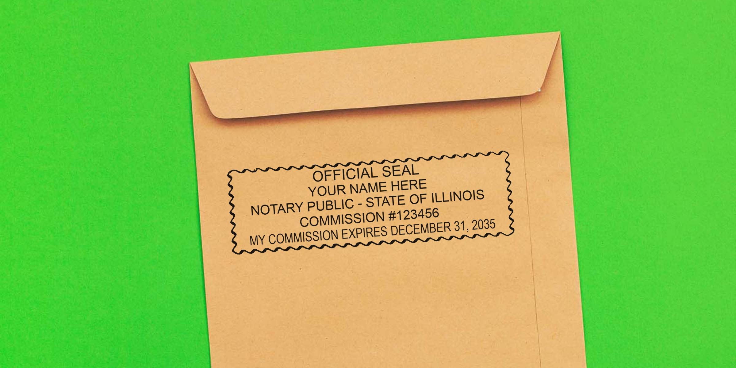 Brown envelope with official Illinois notary seal on green background, showcasing Illinois notary supplies and tips to safeguard notary materials.