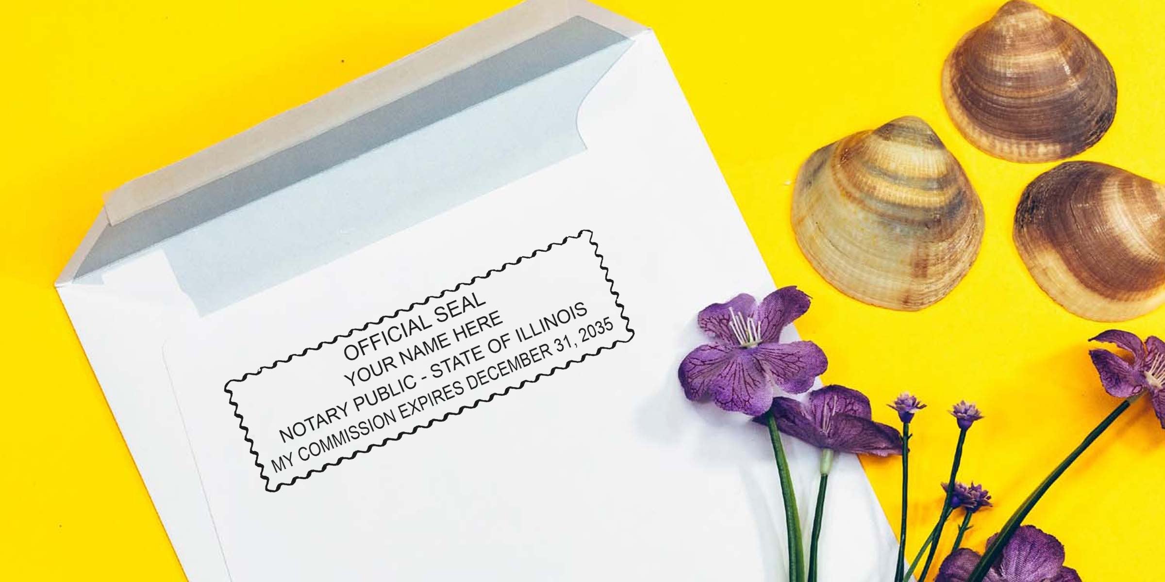 White envelope with Illinois Notary Seal and Stamp, surrounded by purple flowers and seashells on a yellow background.