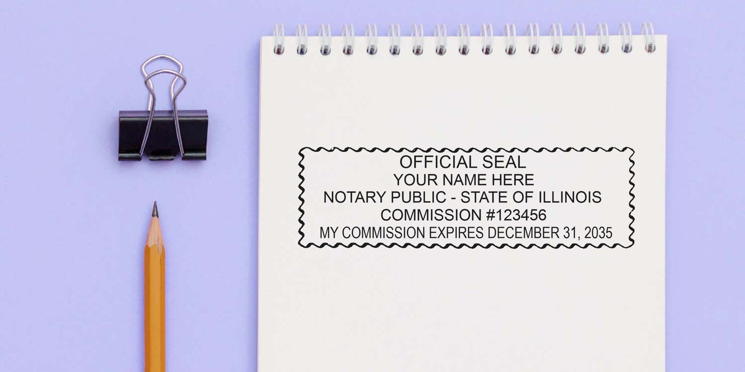 Illinois notary stamp on white notepad with pencil and binder clip, set against a purple background, illustrating a notary public stamp guide.