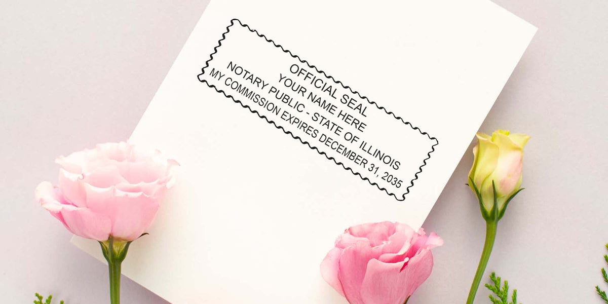 Illinois notary supplies with a notary public seal stamp on white paper, surrounded by pink and yellow flowers, showcasing key notary essentials in Illinois.