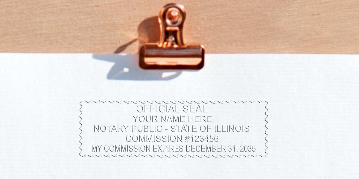 Illinois Notary Seal on white paper with metal clip, featuring official commission stamp and certified notary public document verification.