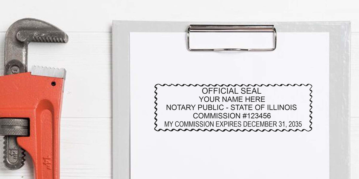 Notary public seal on clipboard with pipe wrench, symbolizing plumbing services, showing Illinois notary stamp format and sample.