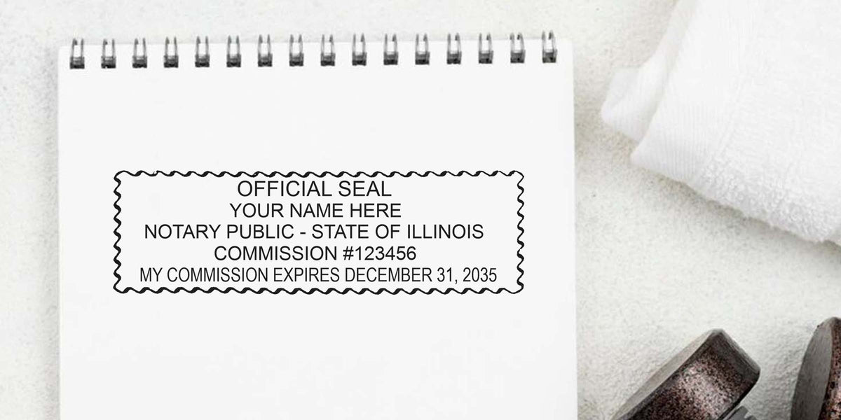 Illinois notary seal and stamp on white notepad showing commission details and expiration date, official Illinois state notary certification.