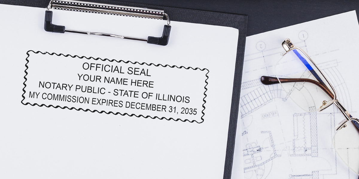 Illinois notary stamp on document with glasses and blueprint, showing commission expiration date; guide to obtaining an Illinois notary stamp.
