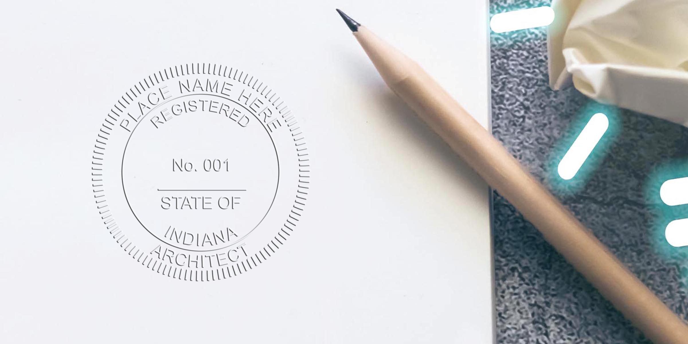Indiana architect seal embossed on paper with pencil and crumpled paper, illustrating professional certification and seal requirements in Indiana.