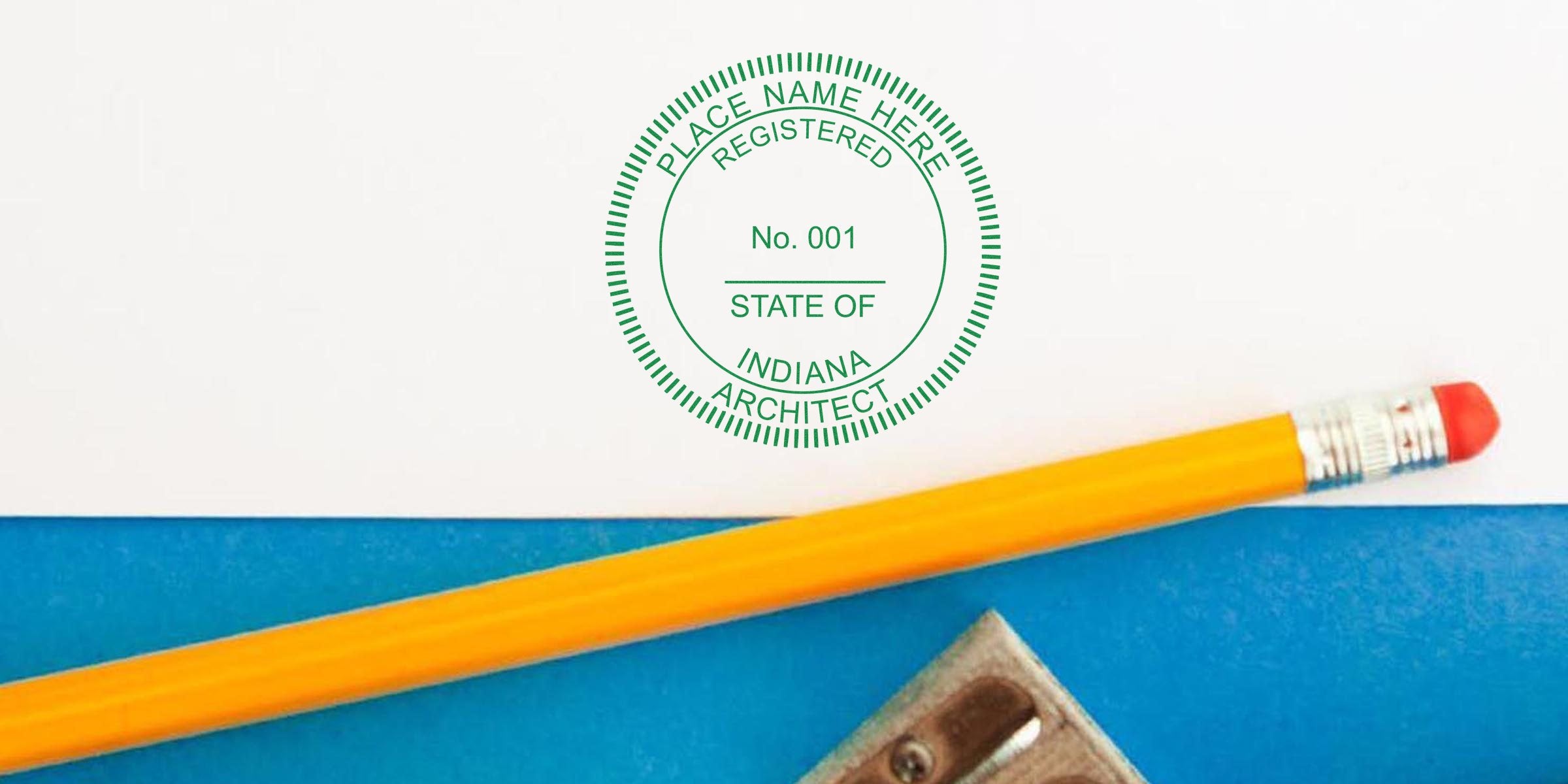 Indiana architect stamp on paper with pencil and sharpener, used for verifying professional licenses with custom architect stamps.