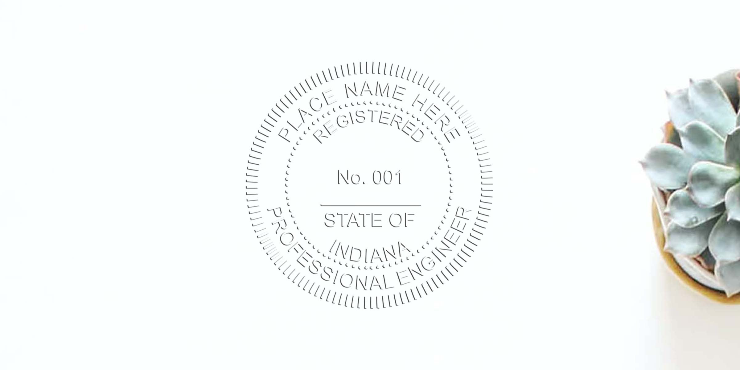Indiana PE embossed professional engineer seal with succulent plant on white background.