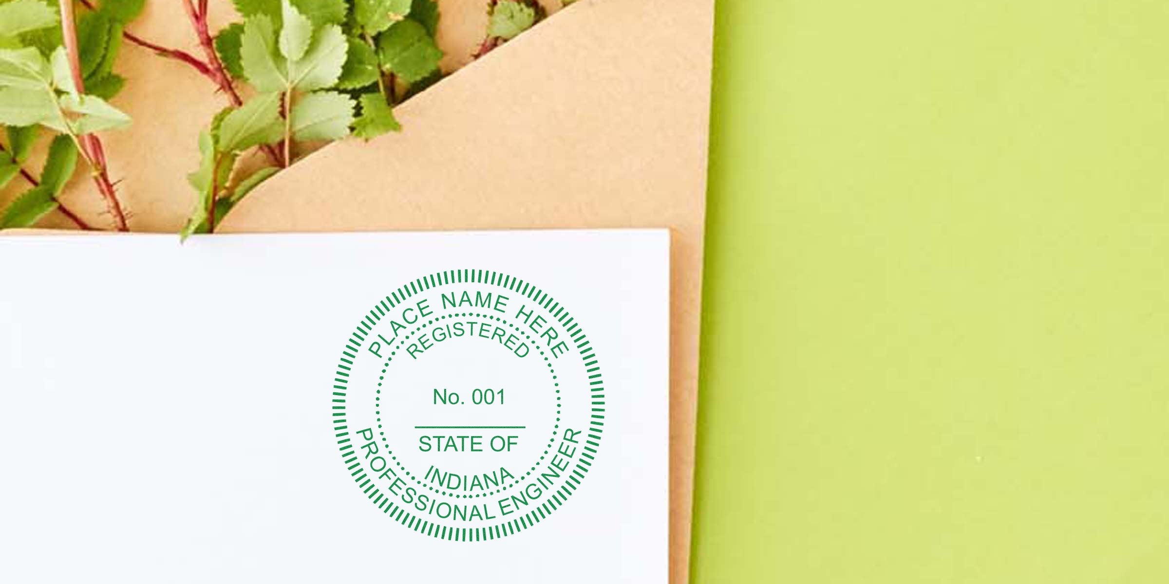 Indiana engineer seal stamp on white paper with green leaves and envelope, highlighting quality embossers and official Indiana engineering certification.