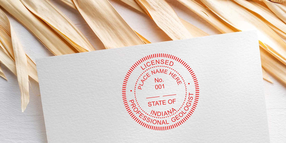 Indiana geologist seal embossed on white paper using a geologist seal embosser.
