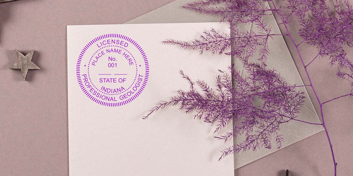 Licensed Indiana geologist seal stamp on white paper with purple decorative plant and star on beige background, meeting official Indiana geologist seal specifications.