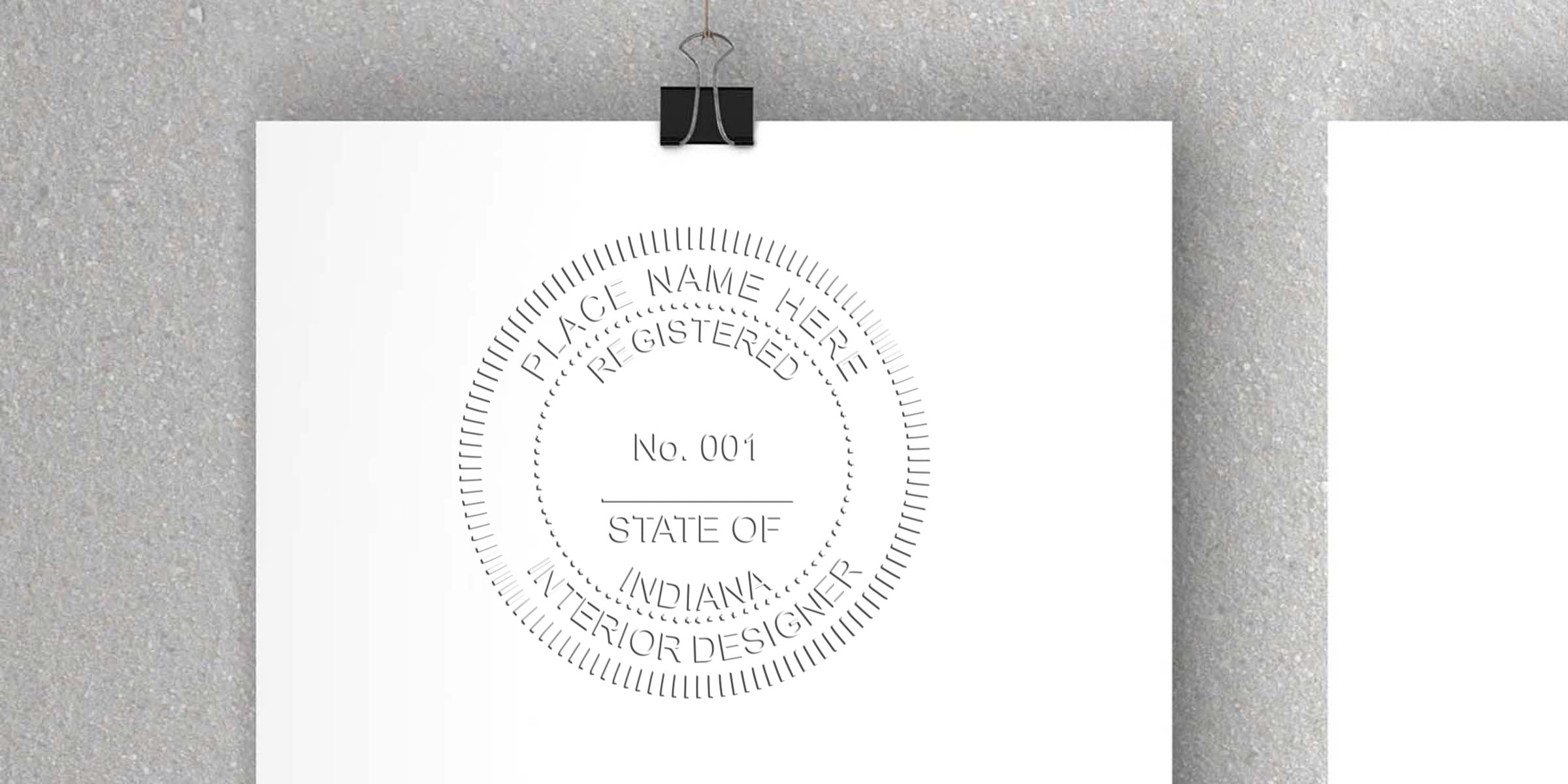Indiana interior designer seal template mockup displayed on textured wall background.