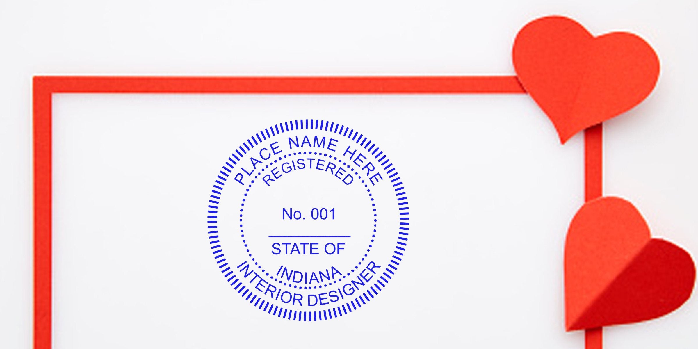 Indiana interior designer stamp with red heart accents on white background, perfect for purchasing an Indiana interior designer stamp.