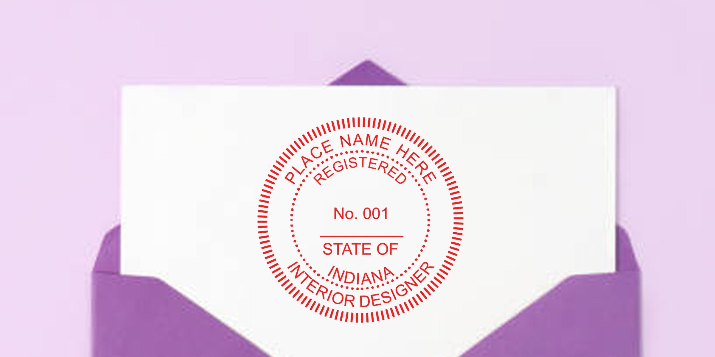 Purple envelope with white paper featuring a red Indiana Stamp for registered interior designer certification, symbolizing design inspiration.
