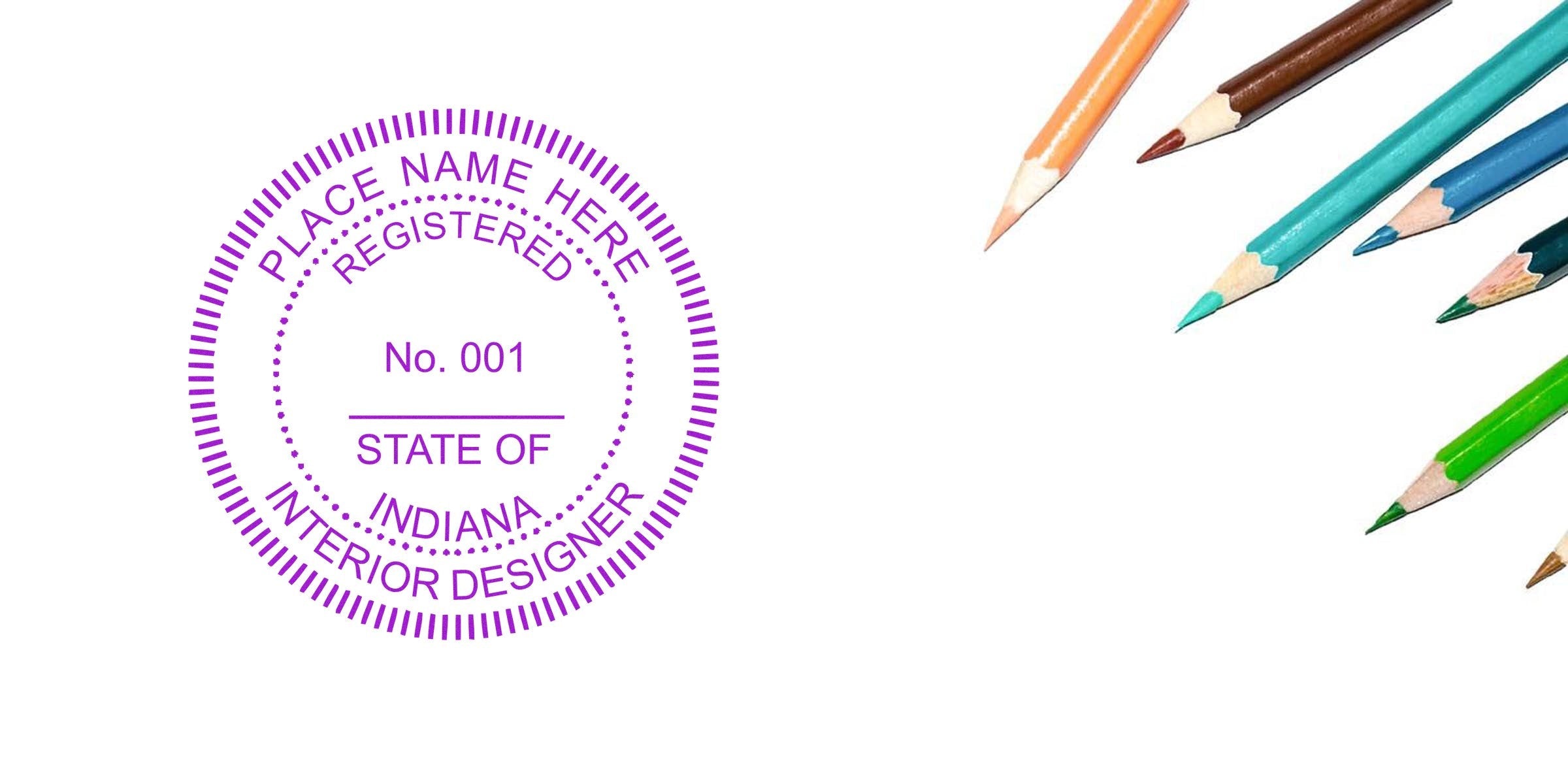 Purple Indiana interior designer stamp and embosser with colored pencils on a white background.