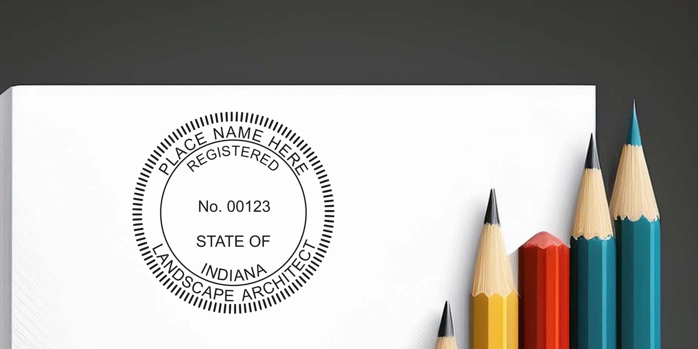 Indiana landscape architect seal on white paper with colored pencils, emphasizing regulations and stamp and seal requirements.